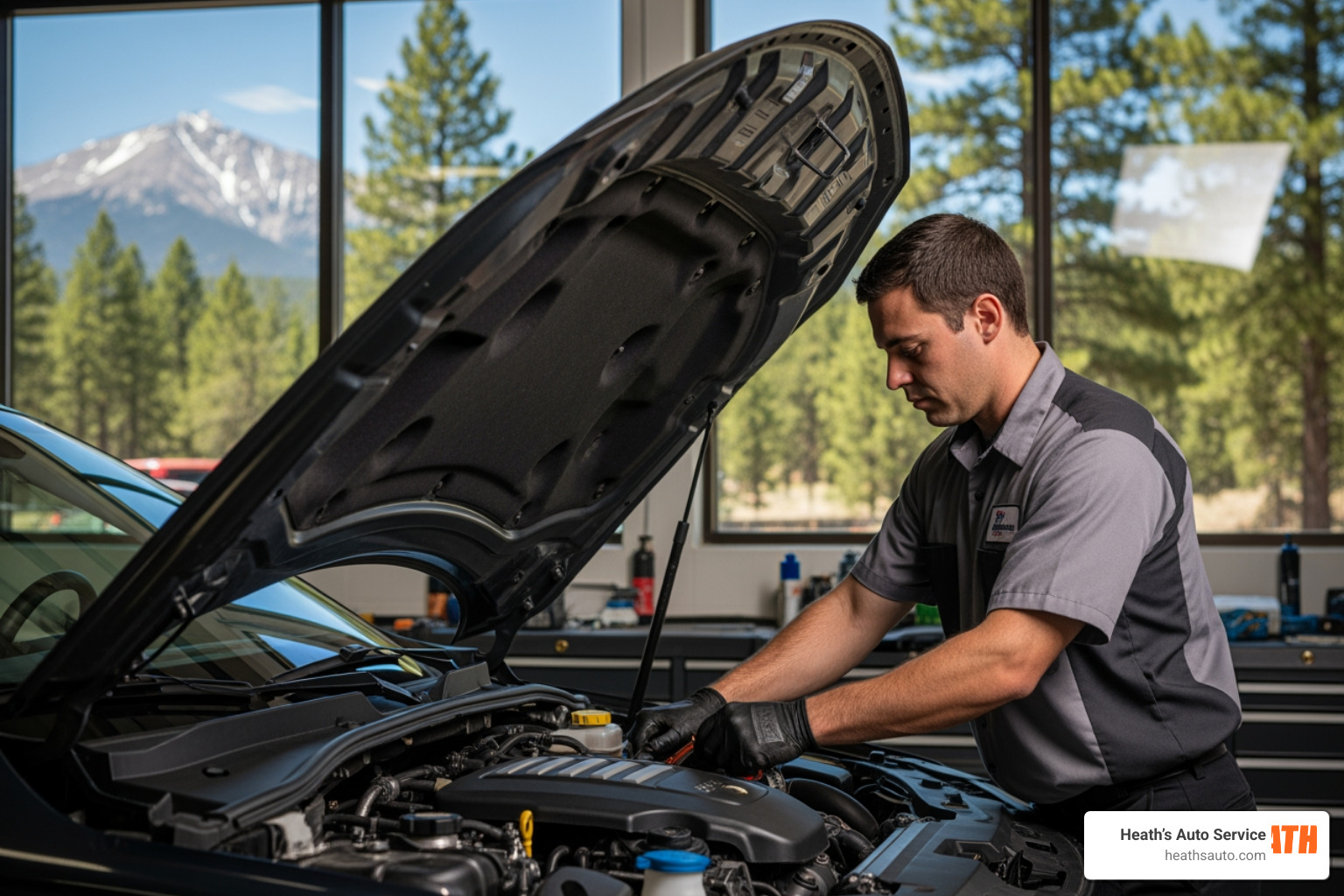 Mechanic performing high-altitude engine tuning on a vehicle in Flagstaff