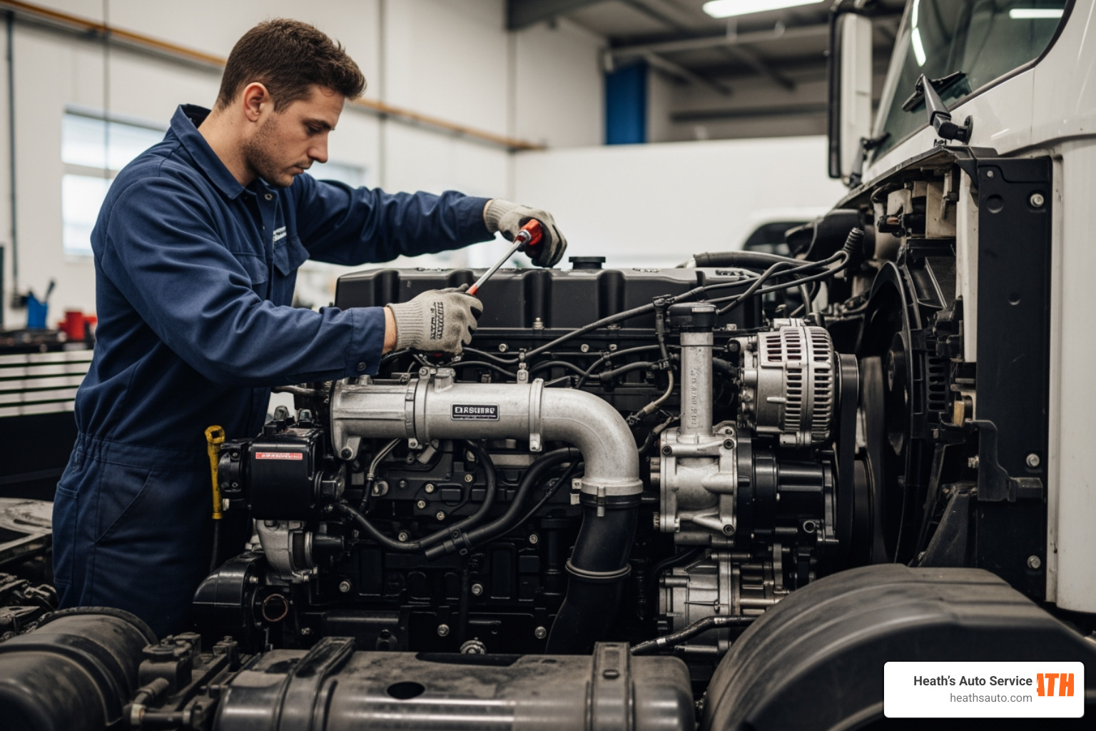 ASE certified mechanic servicing a heavy-duty diesel truck