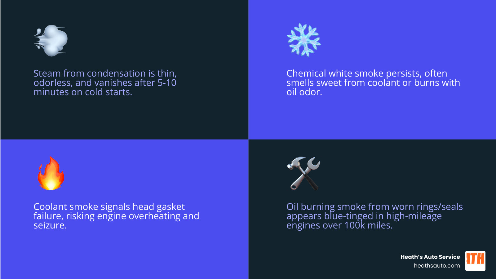 Infographic: steam vs chemical smoke in high-mileage exhaust — causes, smells, urgency levels infographic