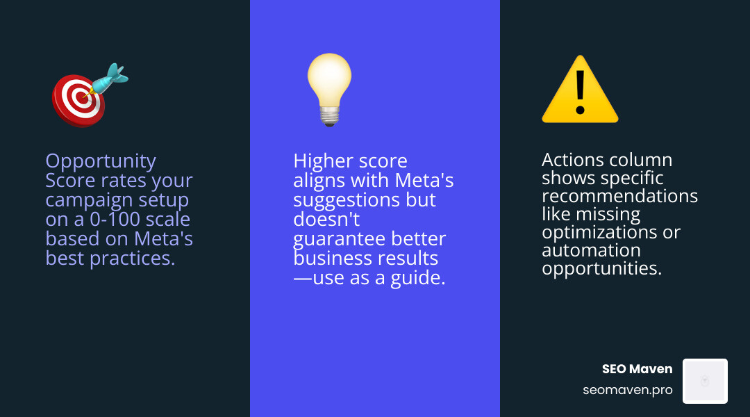 Infographic of Opportunity Score 0 to 100 and optimization actions infographic