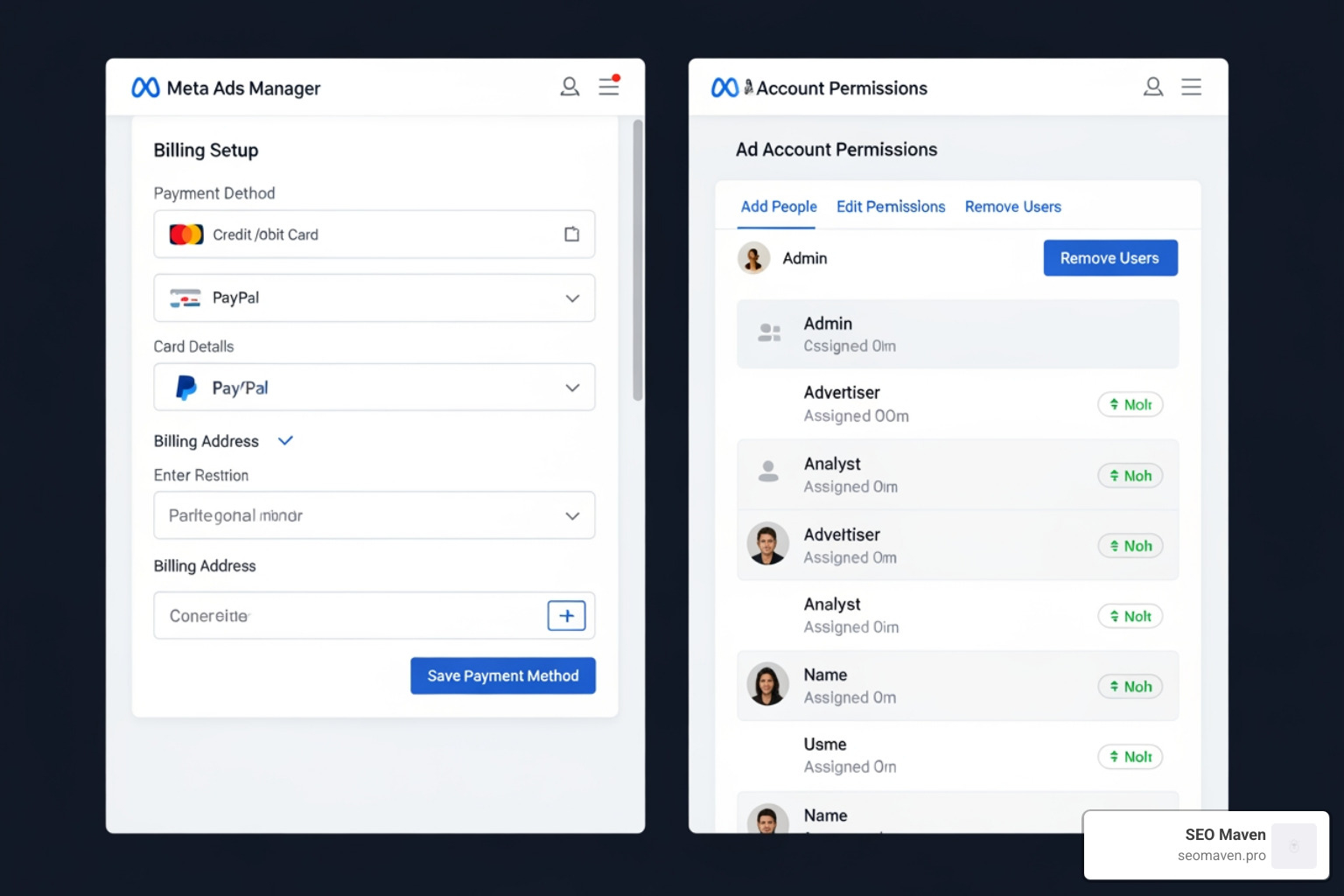 Meta billing setup and ad account permissions screen