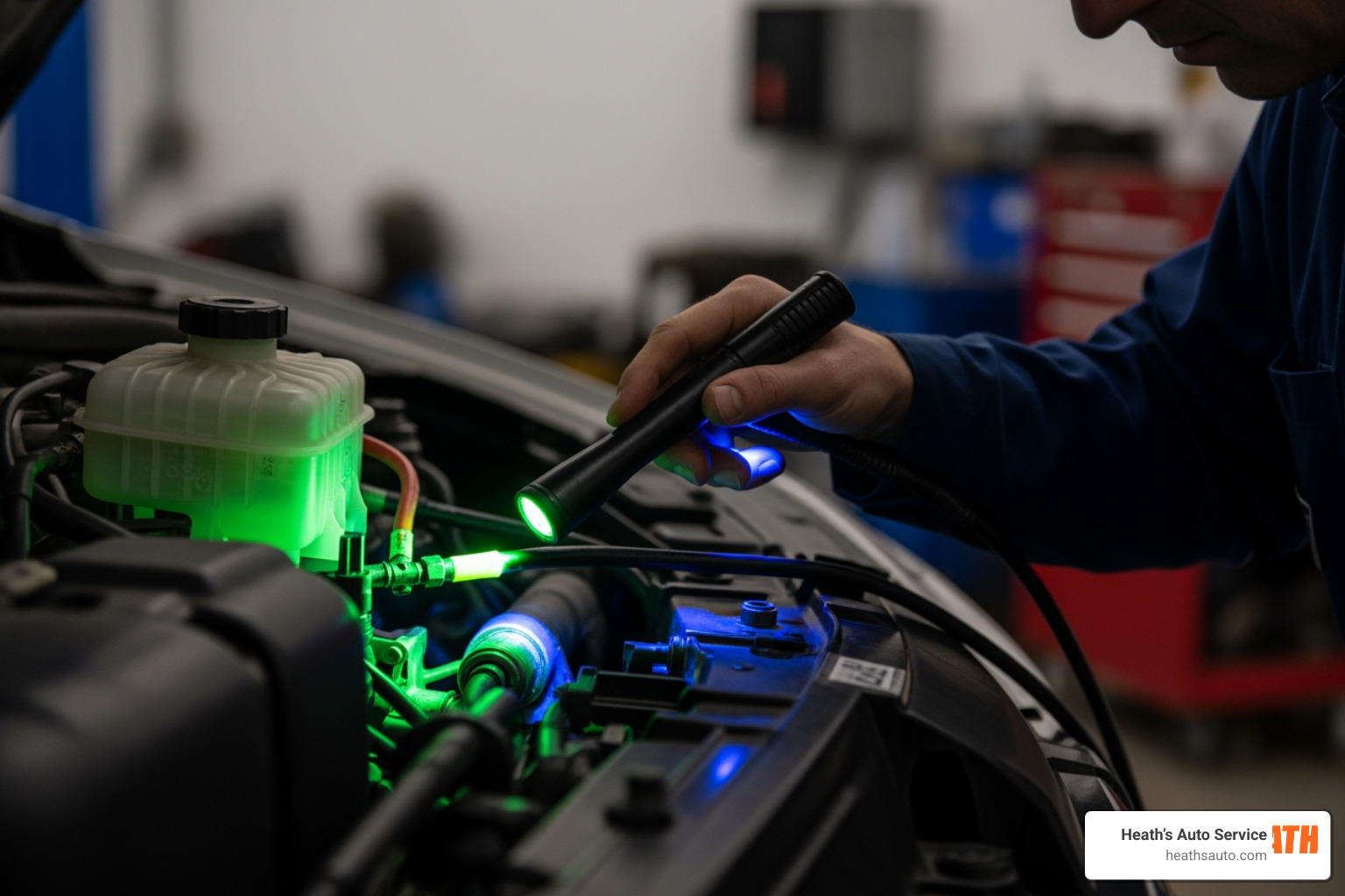 Technician using a UV light to find a glowing neon green refrigerant leak in an AC line