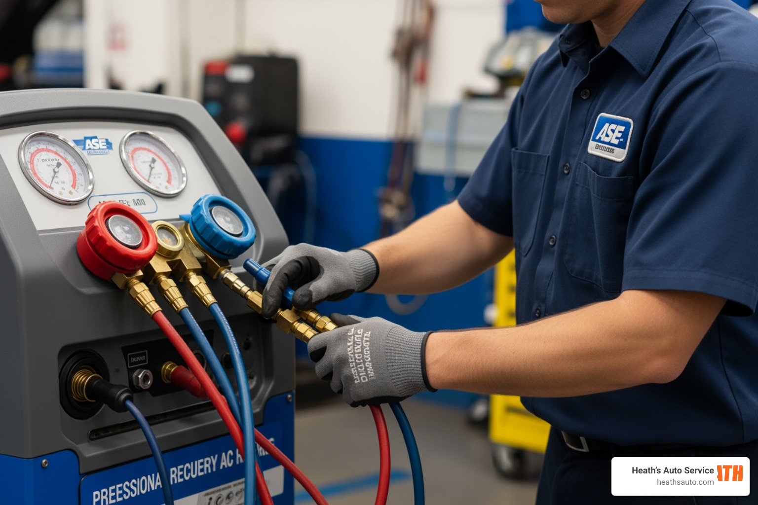 ASE-certified technician connecting a professional AC recovery and recharge station to a vehicle's service ports