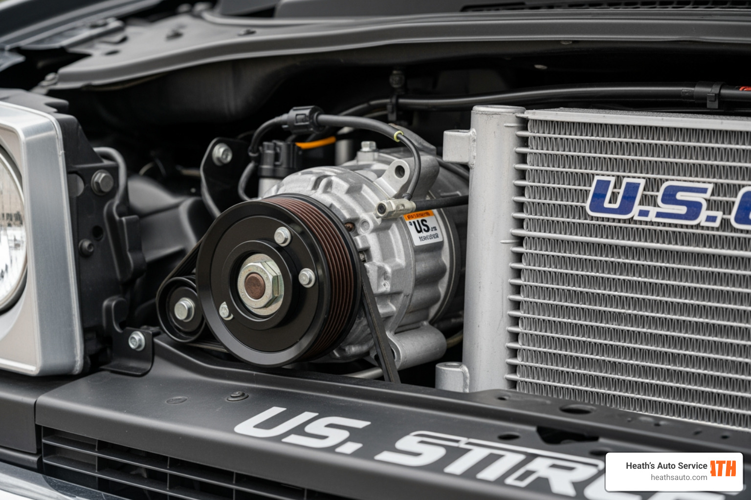 Close-up of a car AC compressor and condenser assembly showing the belt drive and cooling fins