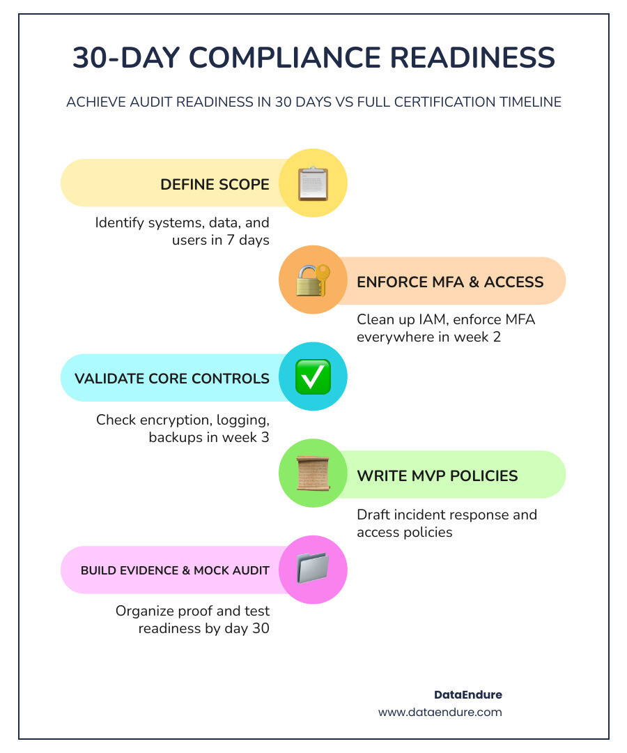 30-day compliance readiness vs full certification timeline infographic infographic 30-day compliance readiness vs full certification timeline infographic infographic