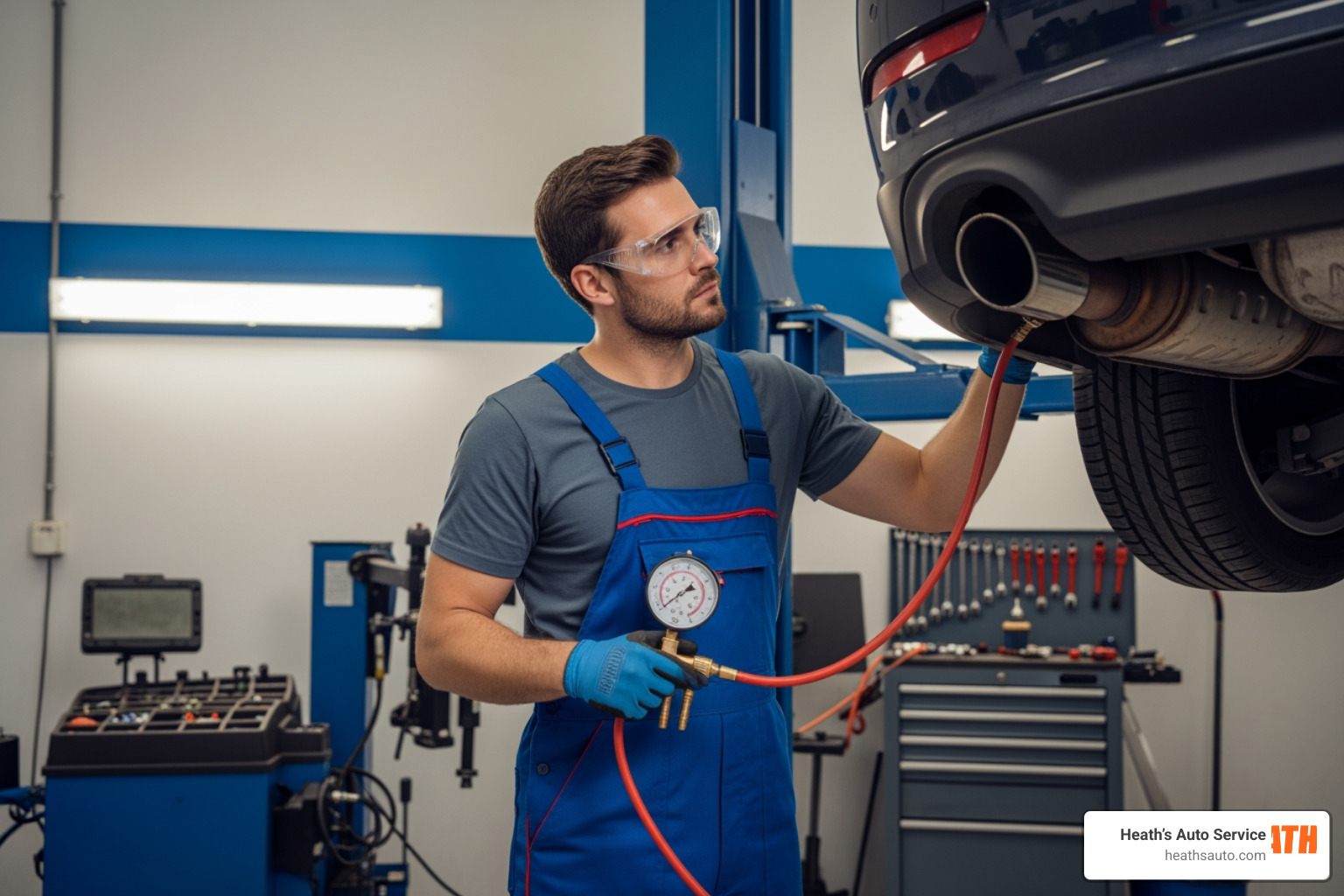 technician performing catalytic converter backpressure test