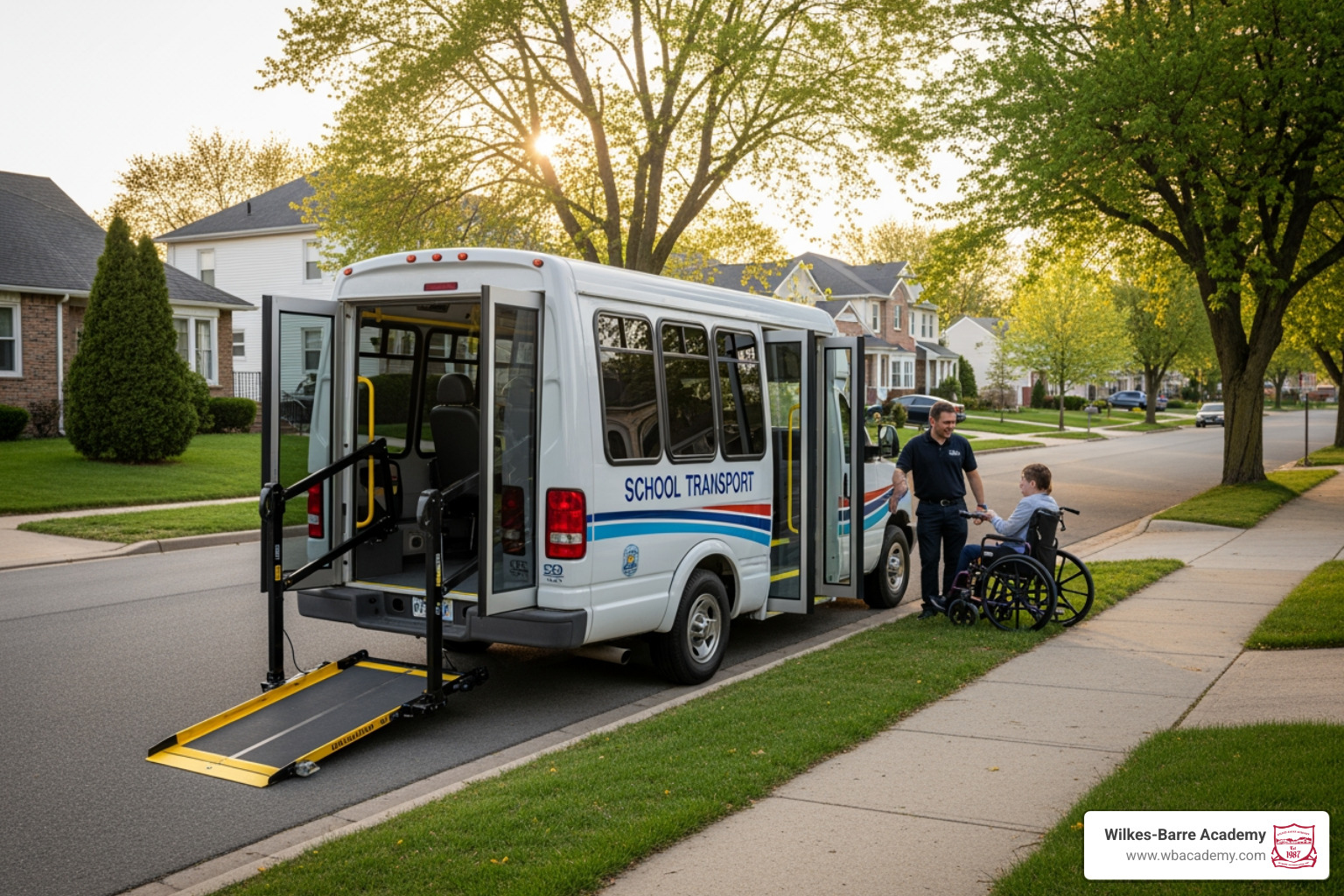 A small, wheelchair-accessible student transport vehicle providing door-to-door service A small, wheelchair-accessible student transport vehicle providing door-to-door service