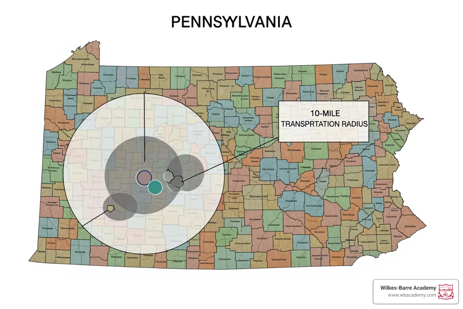 Map of Pennsylvania highlighting school district boundaries and the 10-mile transportation radius Map of Pennsylvania highlighting school district boundaries and the 10-mile transportation radius