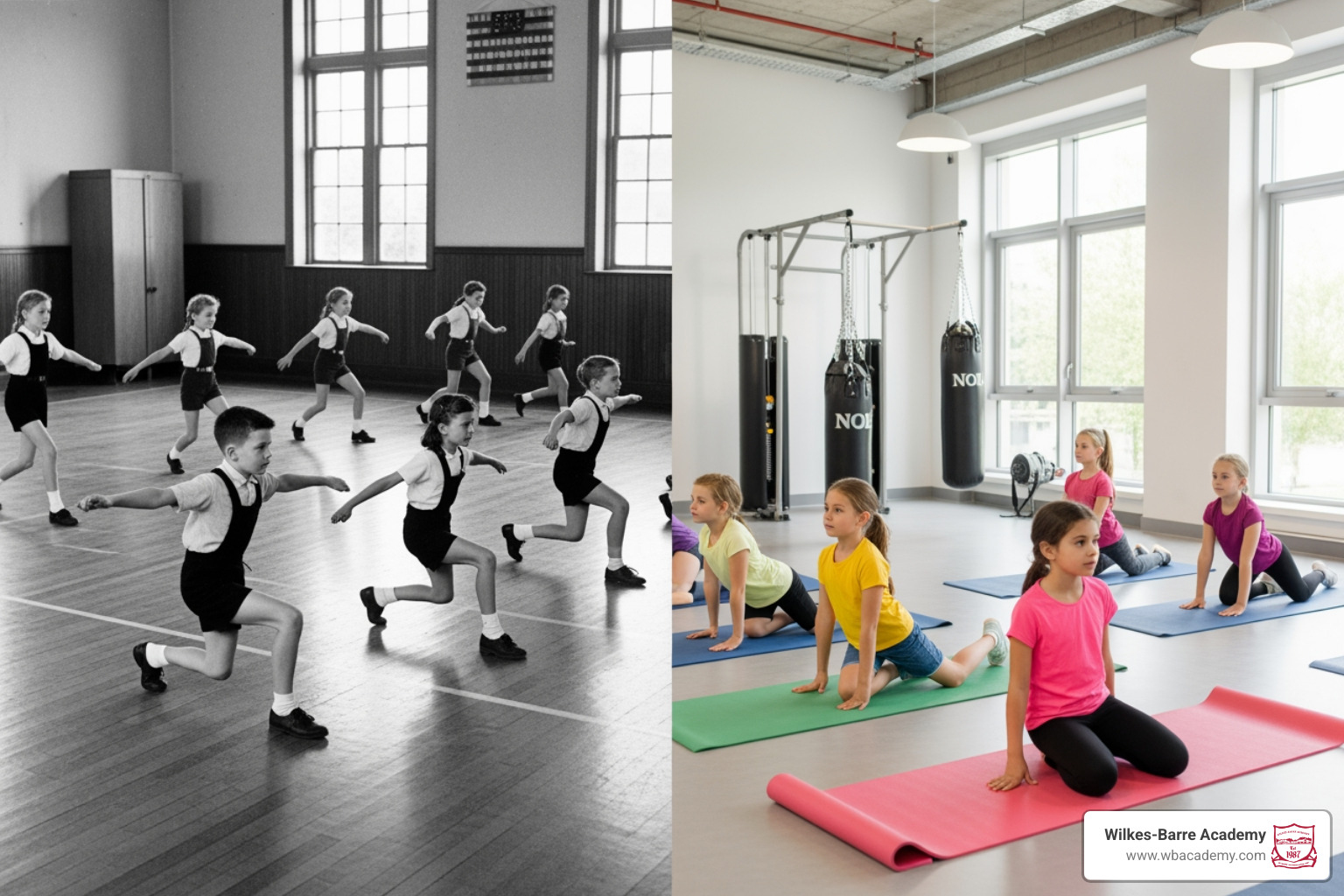vintage physical education class contrasted with a modern wellness center vintage physical education class contrasted with a modern wellness center