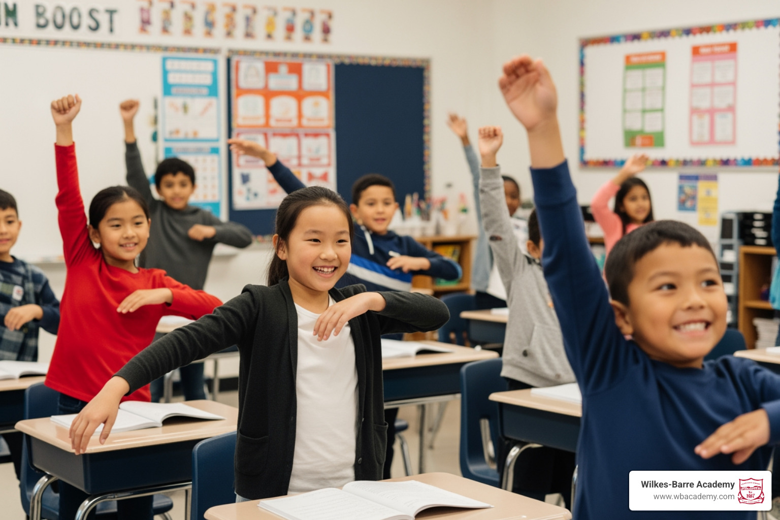 students doing Brain Boost exercises in a classroom students doing Brain Boost exercises in a classroom