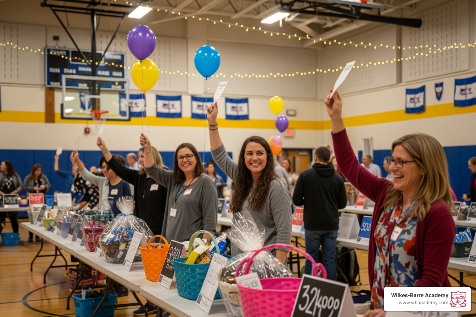 Exciting school fundraiser night with parents and students participating in a silent auction Exciting school fundraiser night with parents and students participating in a silent auction