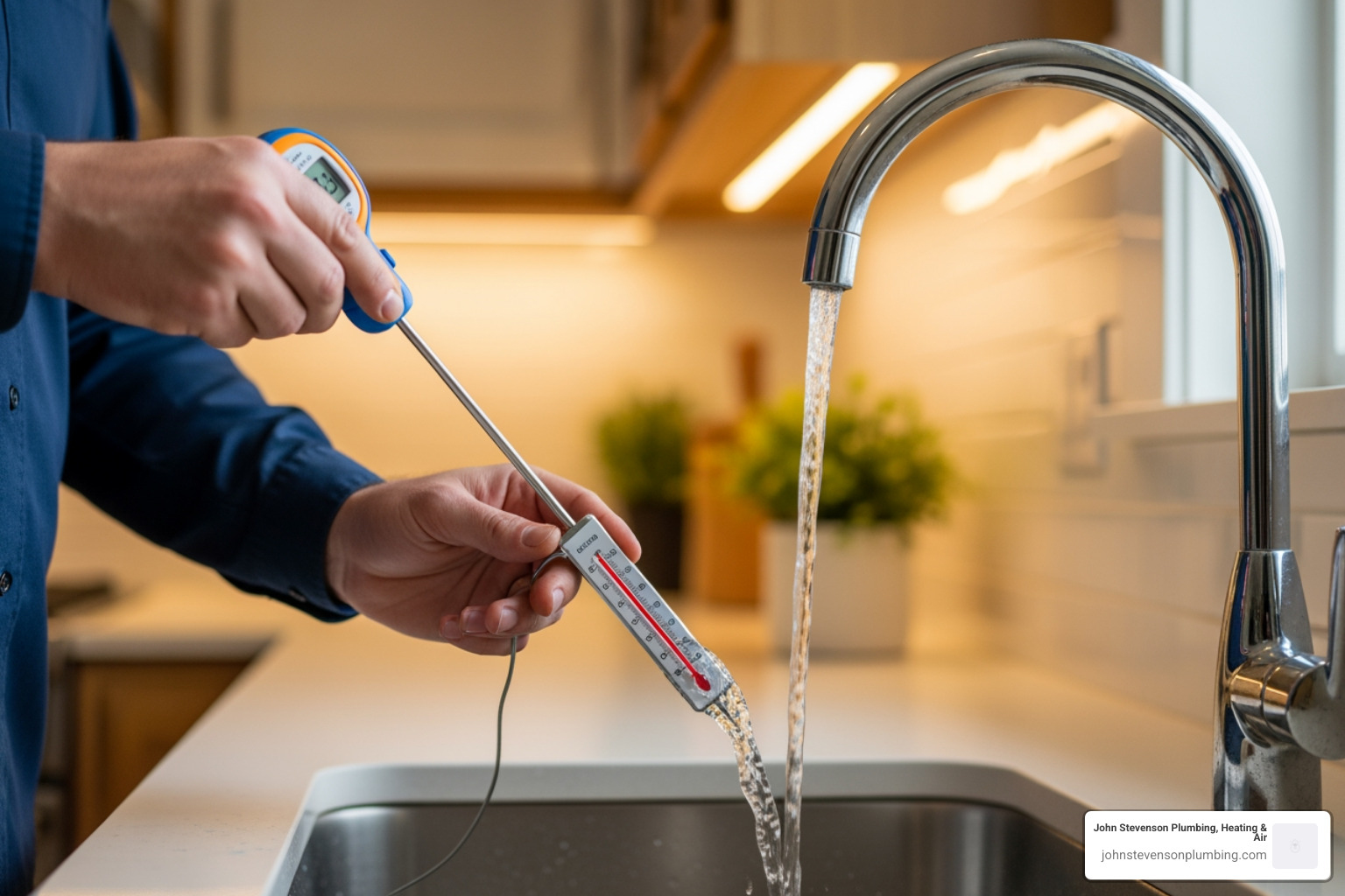 Technician using a kitchen thermometer to check the temperature of hot water coming from a bathroom faucet