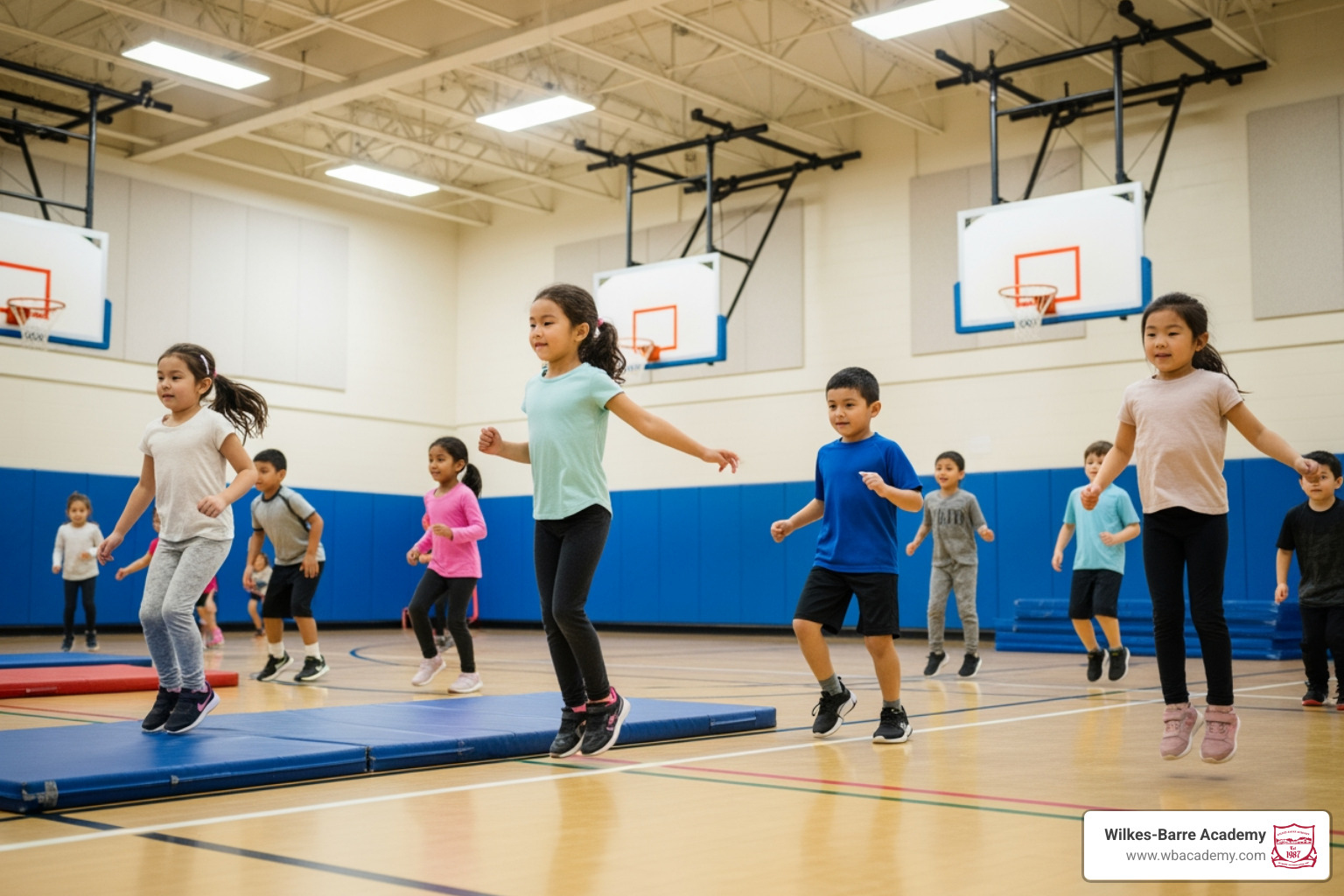 students practicing locomotor skills in school gym students practicing locomotor skills in school gym