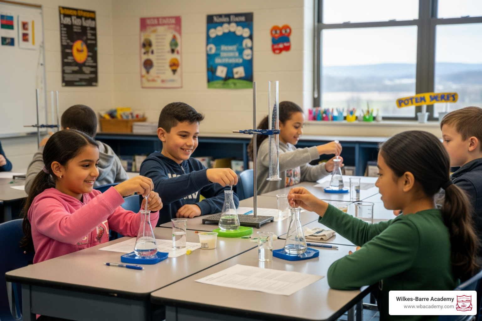 Students participating in a hands-on science experiment in a Wilkes-Barre classroom Students participating in a hands-on science experiment in a Wilkes-Barre classroom