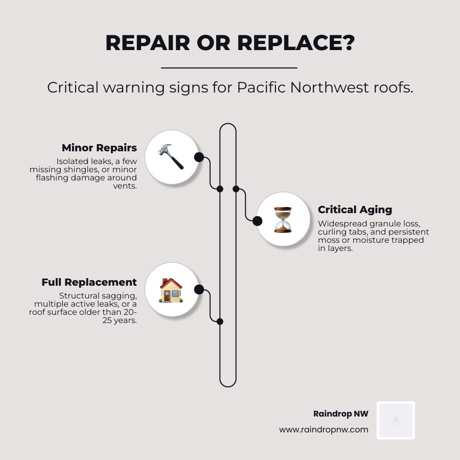 Infographic showing repair vs replacement warning signs for Oregon homeowners infographic Infographic showing repair vs replacement warning signs for Oregon homeowners infographic