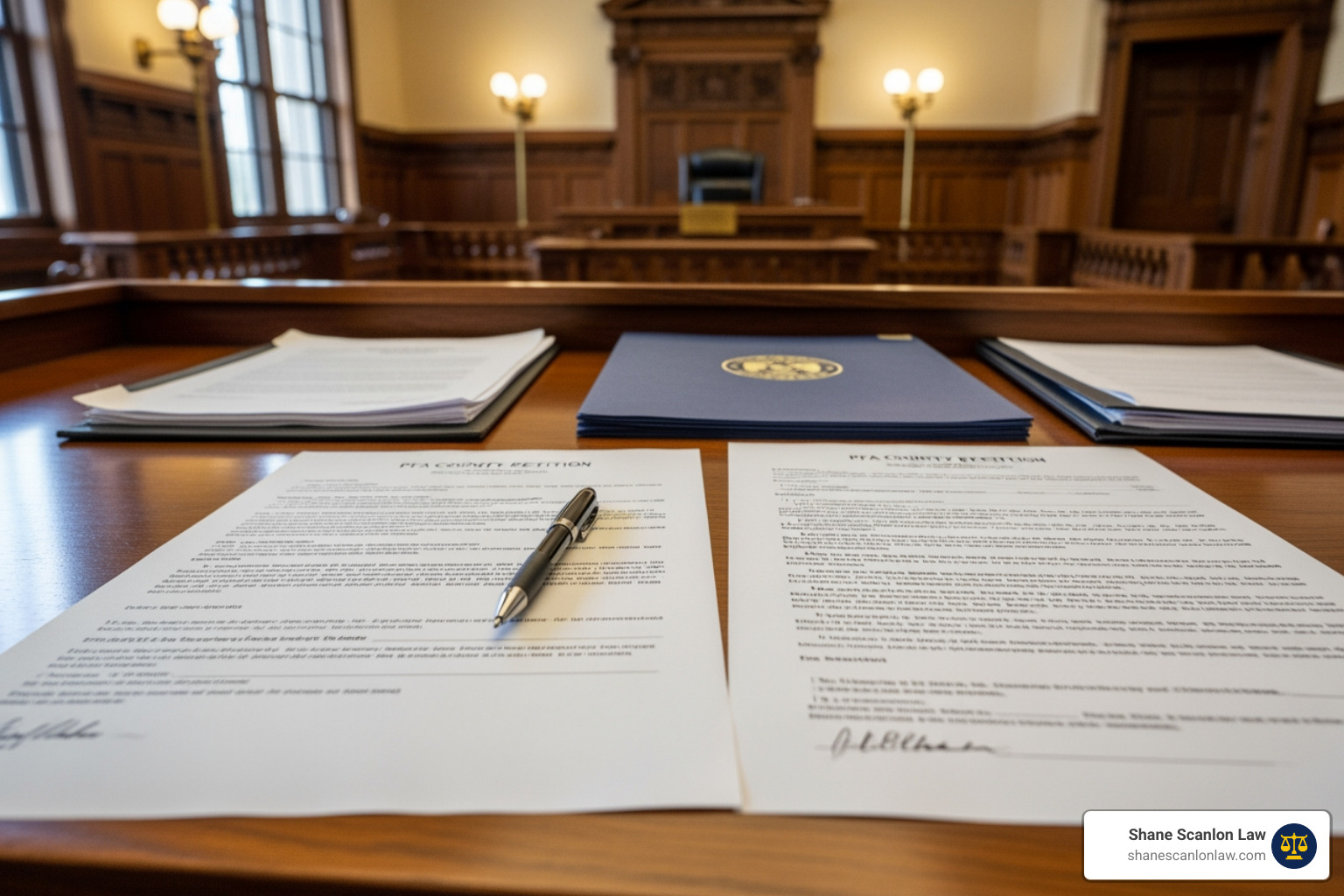 PFA petition paperwork at courthouse desk PFA petition paperwork at courthouse desk