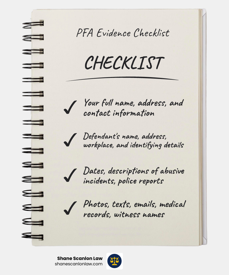 Evidence checklist for a Pennsylvania PFA petition infographic Evidence checklist for a Pennsylvania PFA petition infographic