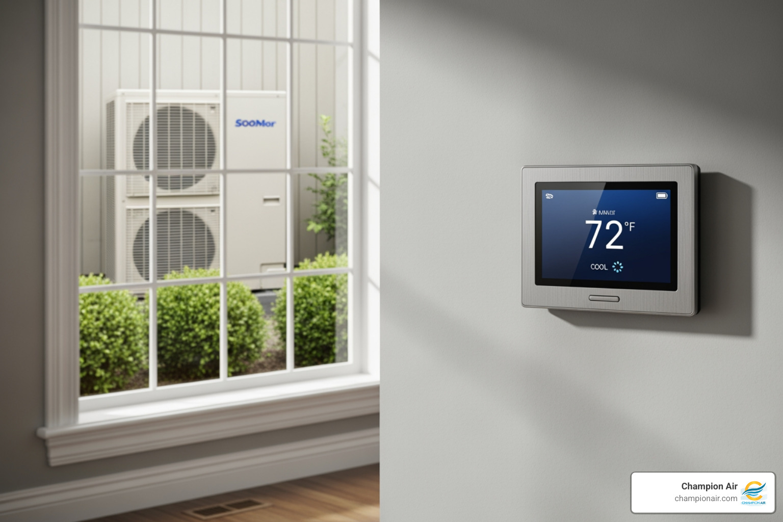 thermostat set to heat and cool beside a residential heat pump system