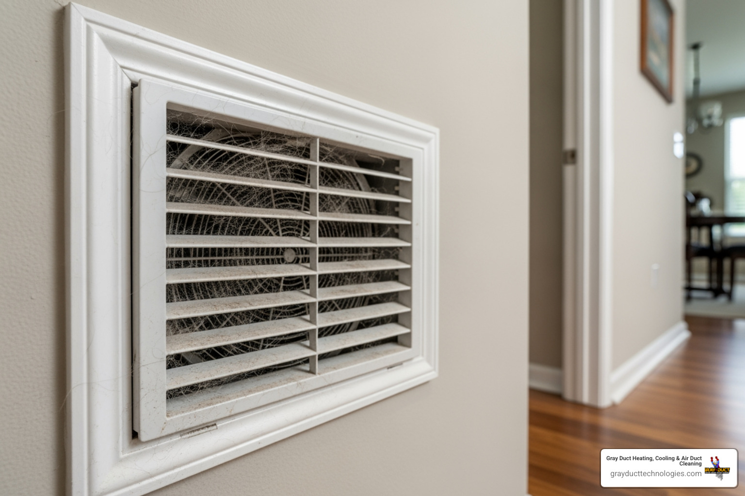 dusty return vent with visible pet hair buildup in a residential hallway
