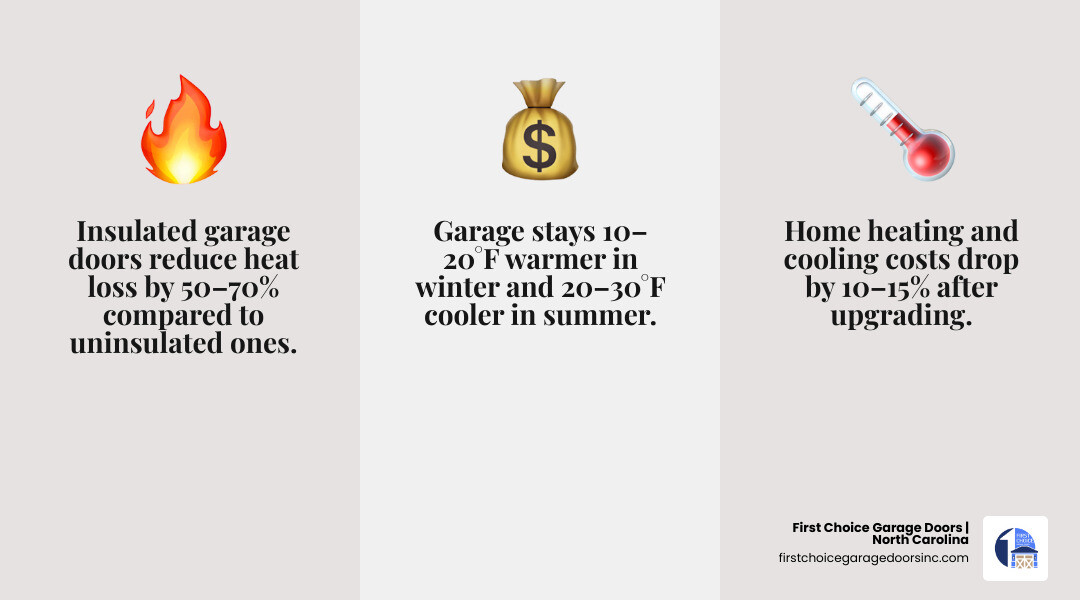 Infographic showing heat flow comparison through uninsulated vs insulated garage door panels with R-value and temperature Infographic showing heat flow comparison through uninsulated vs insulated garage door panels with R-value and temperature