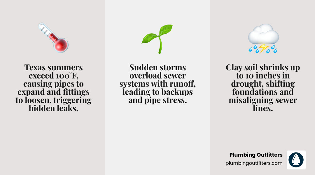 Infographic showing how Texas summer heat, drought, and storms stress home plumbing systems and key prevention tips Infographic showing how Texas summer heat, drought, and storms stress home plumbing systems and key prevention tips