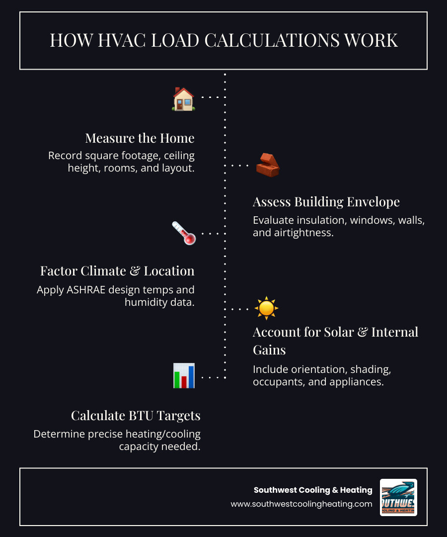 Infographic showing heating vs cooling load factors including insulation windows orientation and climate zone infographic