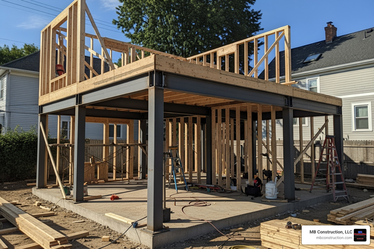 Structural framing and steel support for vertical home addition Structural framing and steel support for vertical home addition