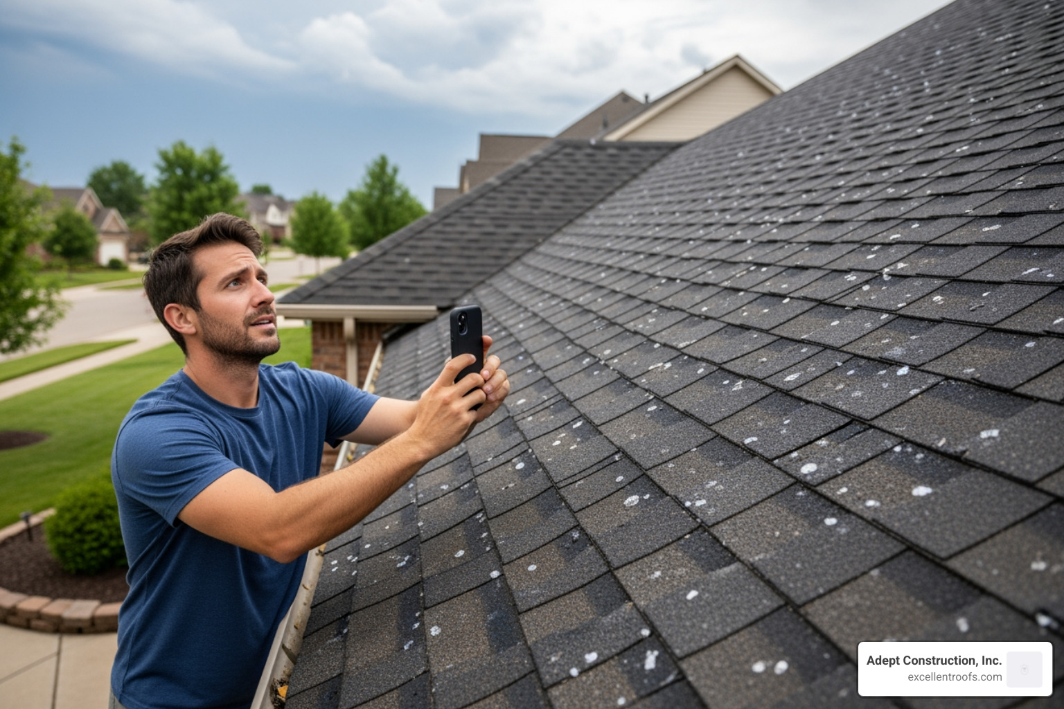 homeowner taking photos of hail damage from the ground homeowner taking photos of hail damage from the ground