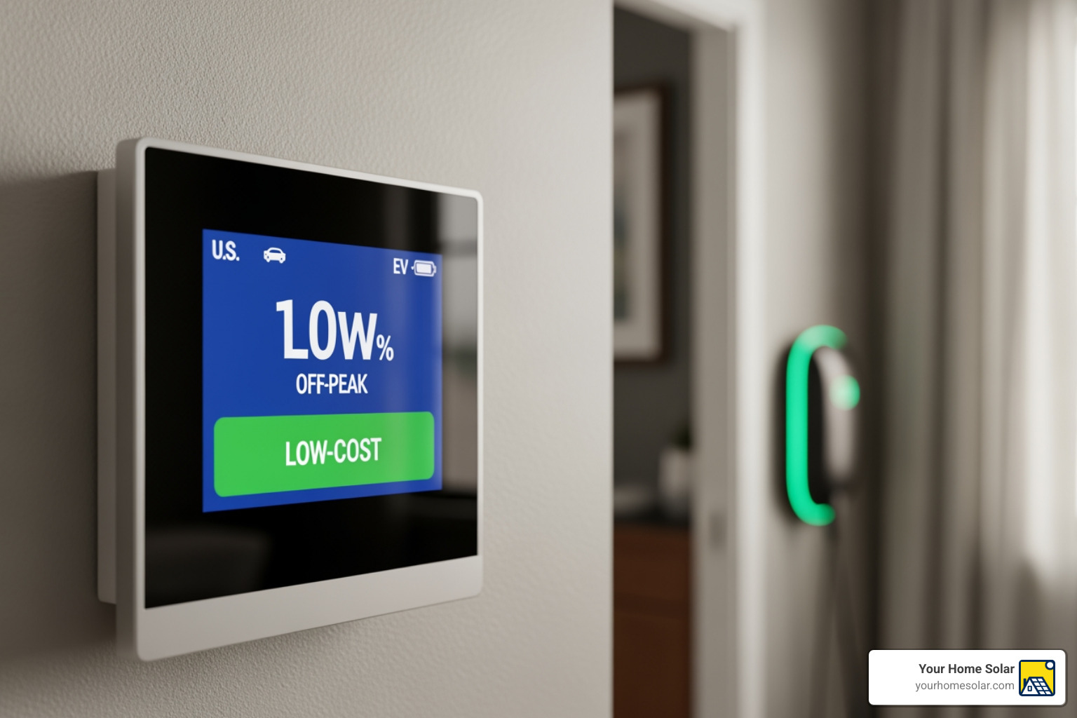 A digital electricity meter showing low-cost off-peak usage for EV charging A digital electricity meter showing low-cost off-peak usage for EV charging