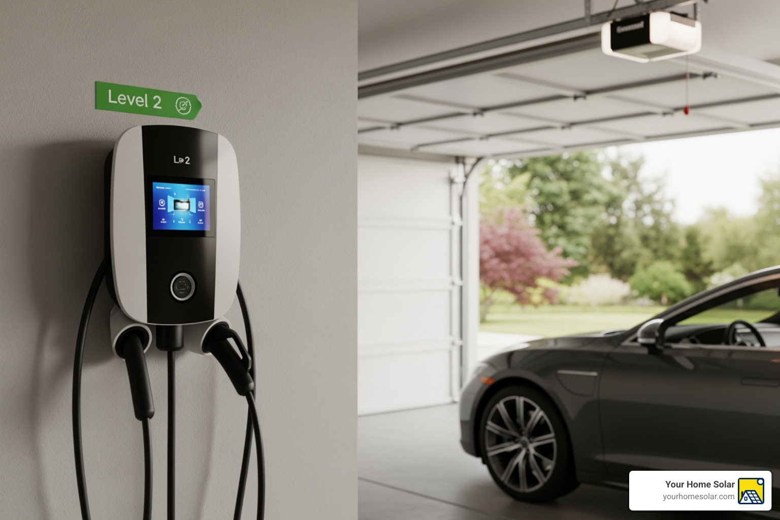 A modern Level 2 charging station interface mounted on a garage wall A modern Level 2 charging station interface mounted on a garage wall