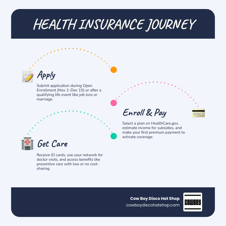 Health insurance journey infographic from application to active coverage and care infographic