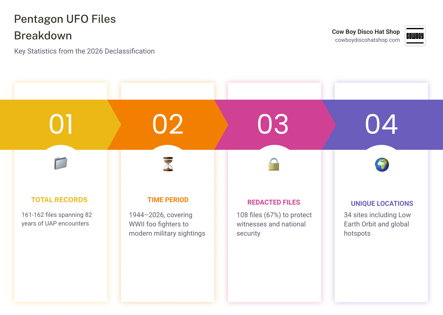 Infographic showing 161 files, 67% redaction rate, and 34 unique locations infographic