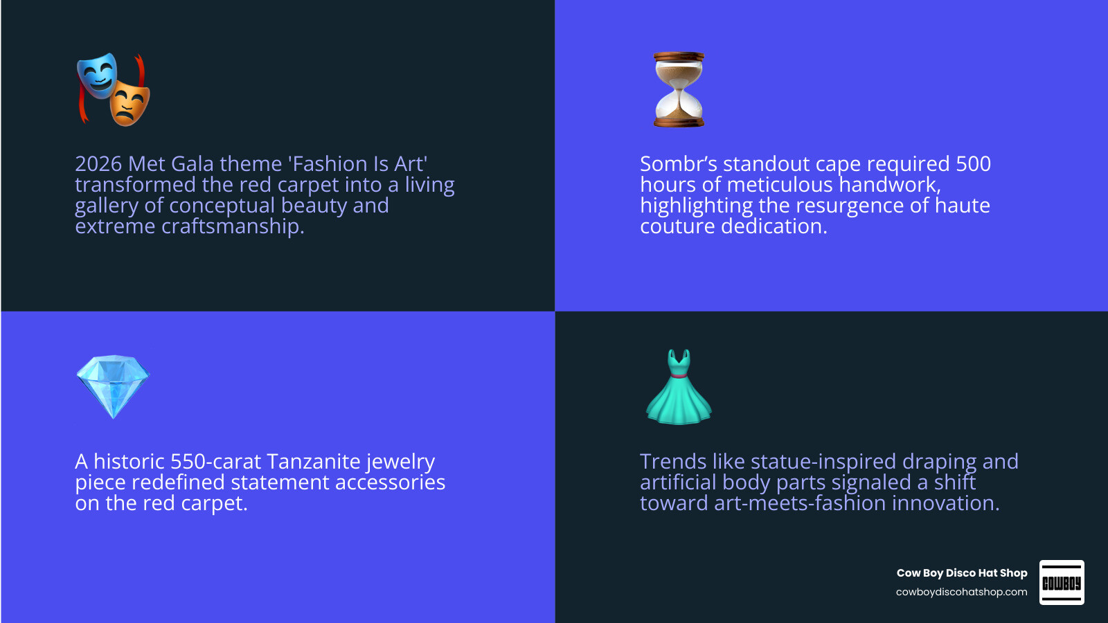 2026 fashion cycle infographic: Met Gala themes, top trends, key designers, celebrity influence, accessory highlights