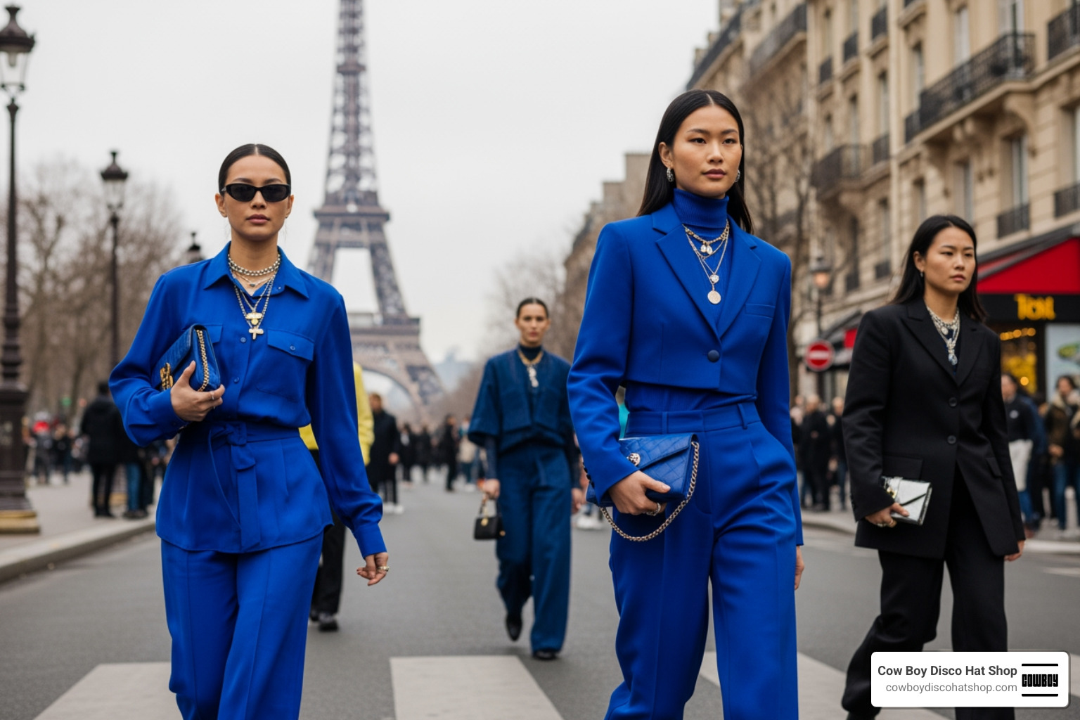 Street style in Paris featuring cobalt blue and mixed metals