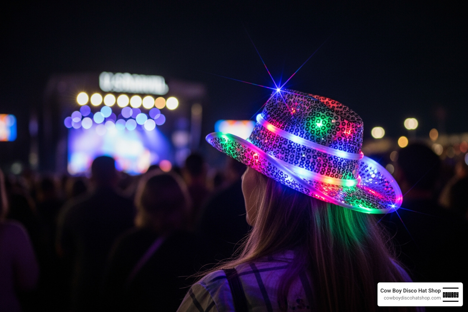 A light-up sequin disco cowgirl hat glowing at a night concert