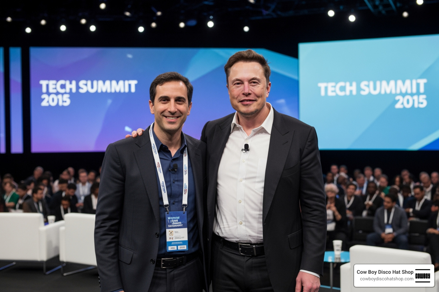 Elon Musk and Sam Altman appearing together at a 2015 tech summit