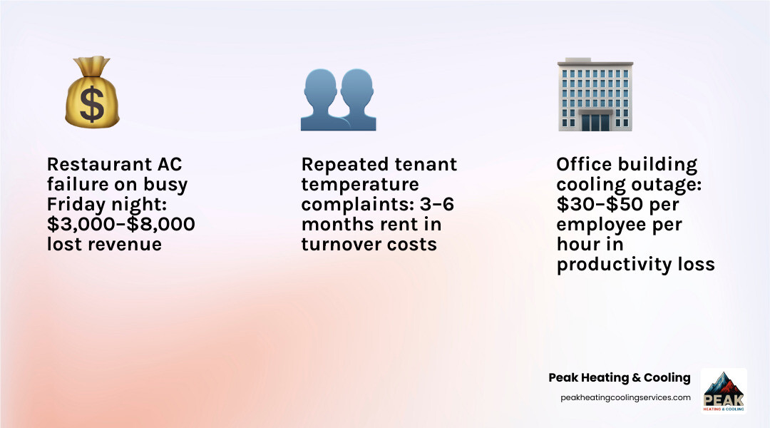 Infographic showing commercial HVAC failure impact: revenue loss by business type, response time targets, and emergency