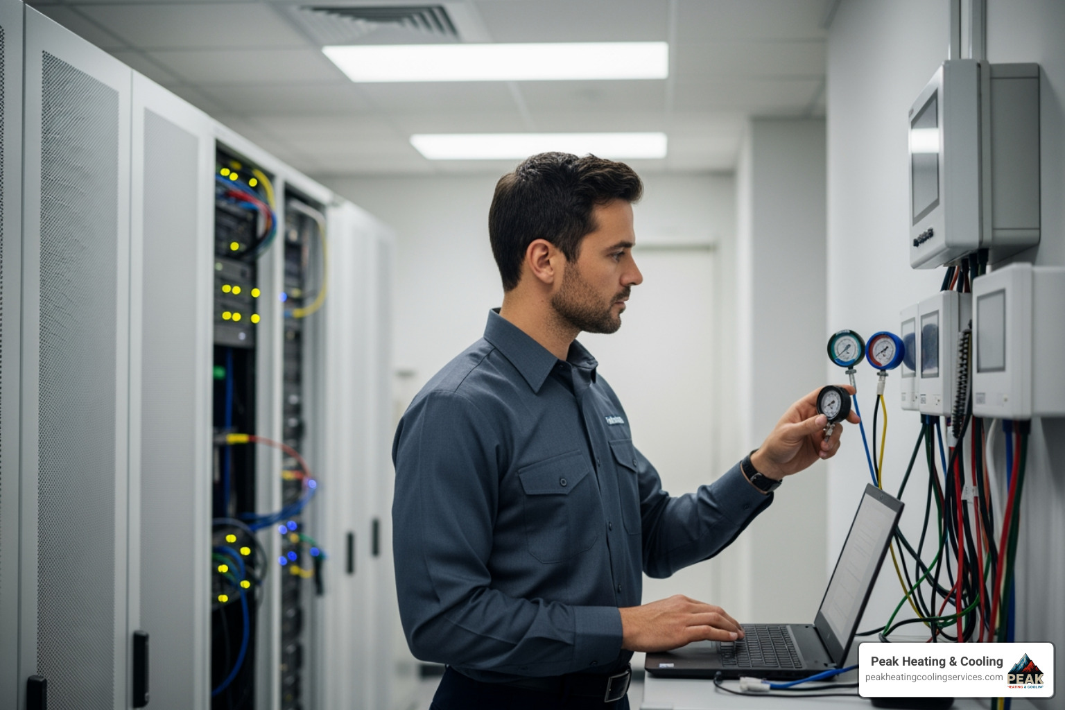 technician monitoring temperature in a commercial server room environment