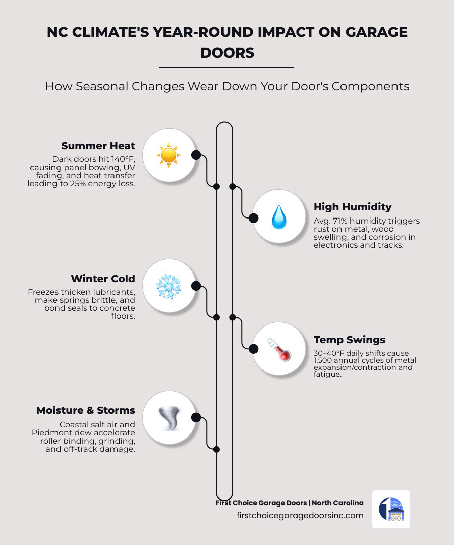 Annual NC humidity and temperature cycle showing seasonal impact on garage door components infographic Annual NC humidity and temperature cycle showing seasonal impact on garage door components infographic
