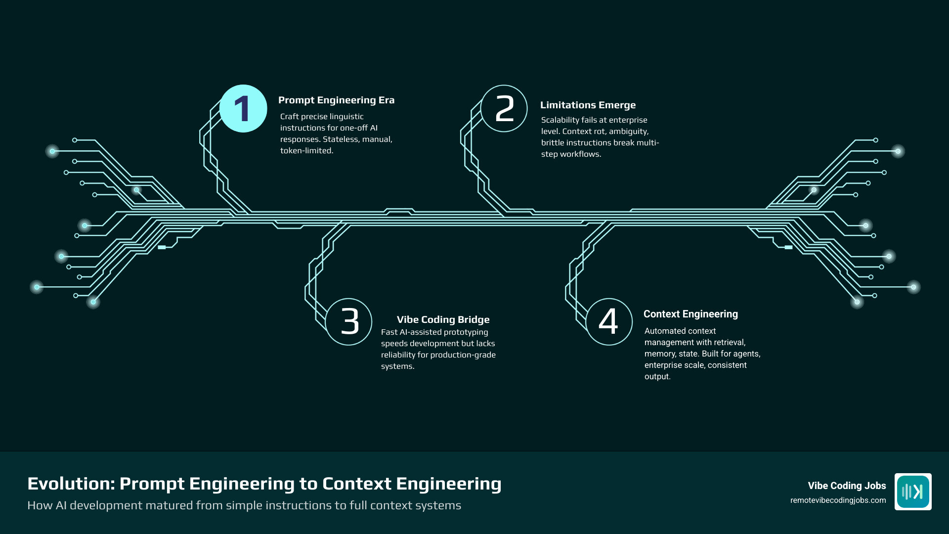 Evolution from simple prompts to automated context systems with key components and failure modes infographic