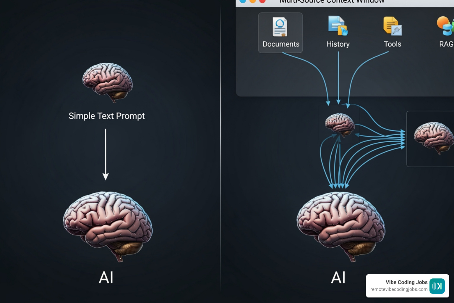 Comparison of a single text prompt versus a multi-source context window showing data flow