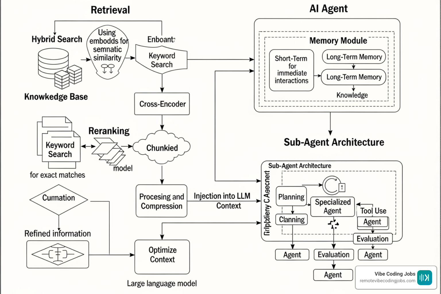 Diagram of a RAG pipeline with reranking and memory modules for AI agents
