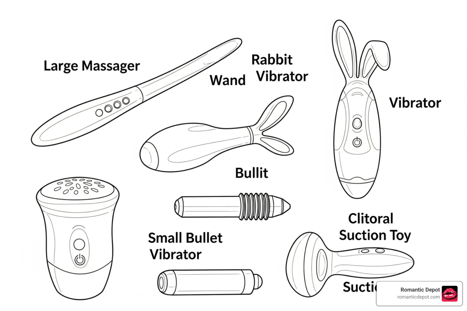 Illustration of various vibrator shapes including wands, rabbits, bullets, and suction toys Illustration of various vibrator shapes including wands, rabbits, bullets, and suction toys