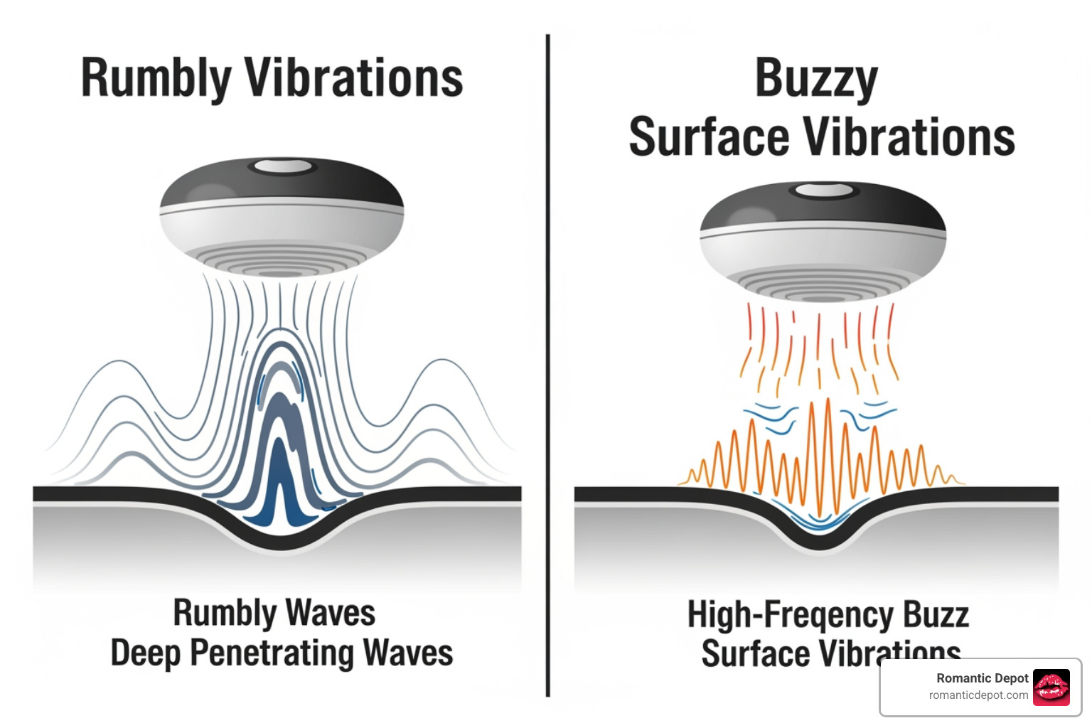 Graphic showing the difference between rumbly deep vibrations and buzzy surface vibrations Graphic showing the difference between rumbly deep vibrations and buzzy surface vibrations