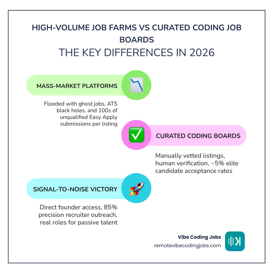 Difference between high-volume job farms and curated coding job board marketplaces in 2026 infographic