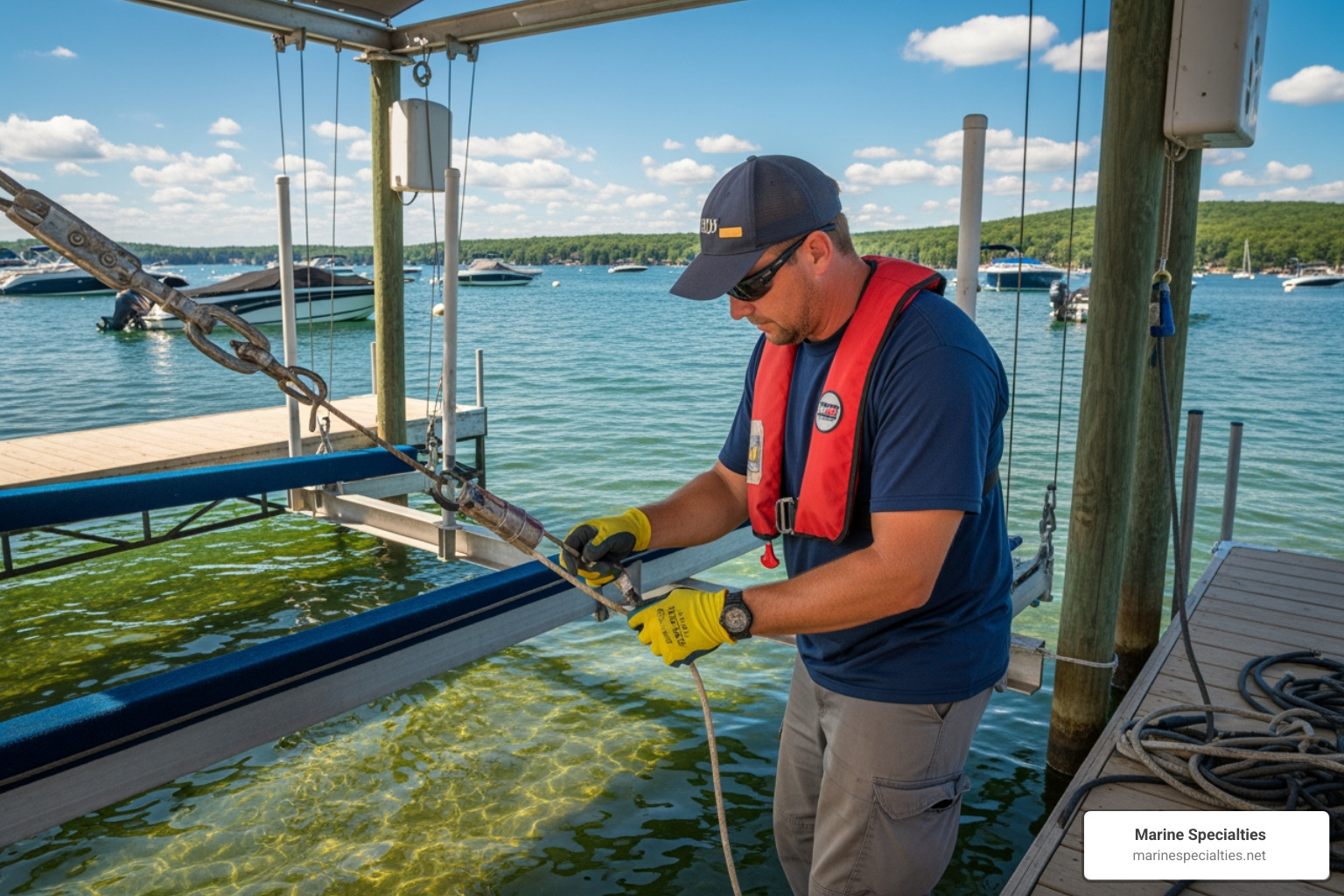 Boat lift being serviced by a professional technician