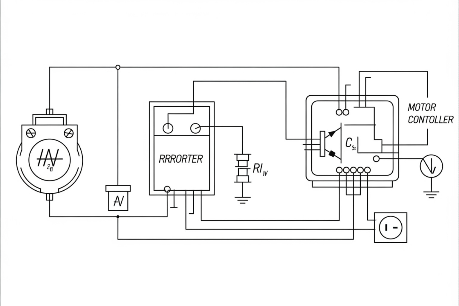 A diagram showing a simplified electrical circuit for a motor, highlighting the motor, controller, and overcurrent A diagram showing a simplified electrical circuit for a motor, highlighting the motor, controller, and overcurrent