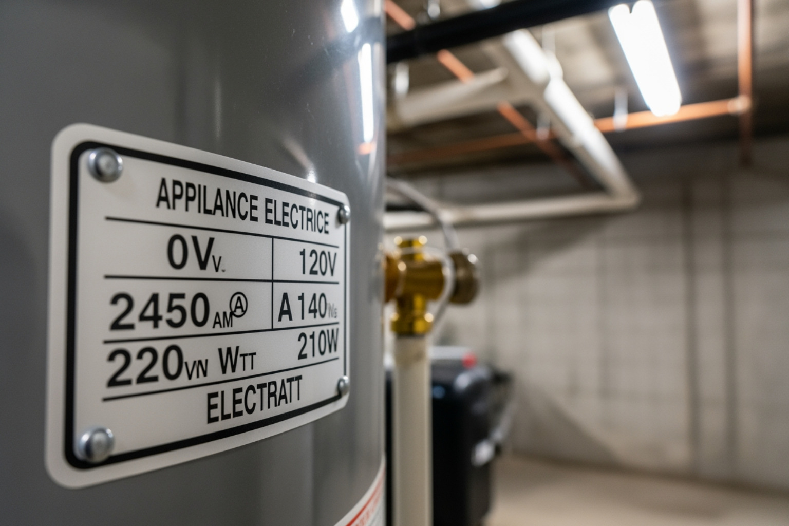 A close-up of an appliance nameplate, showing voltage, amperage, and possibly wattage ratings. A close-up of an appliance nameplate, showing voltage, amperage, and possibly wattage ratings.