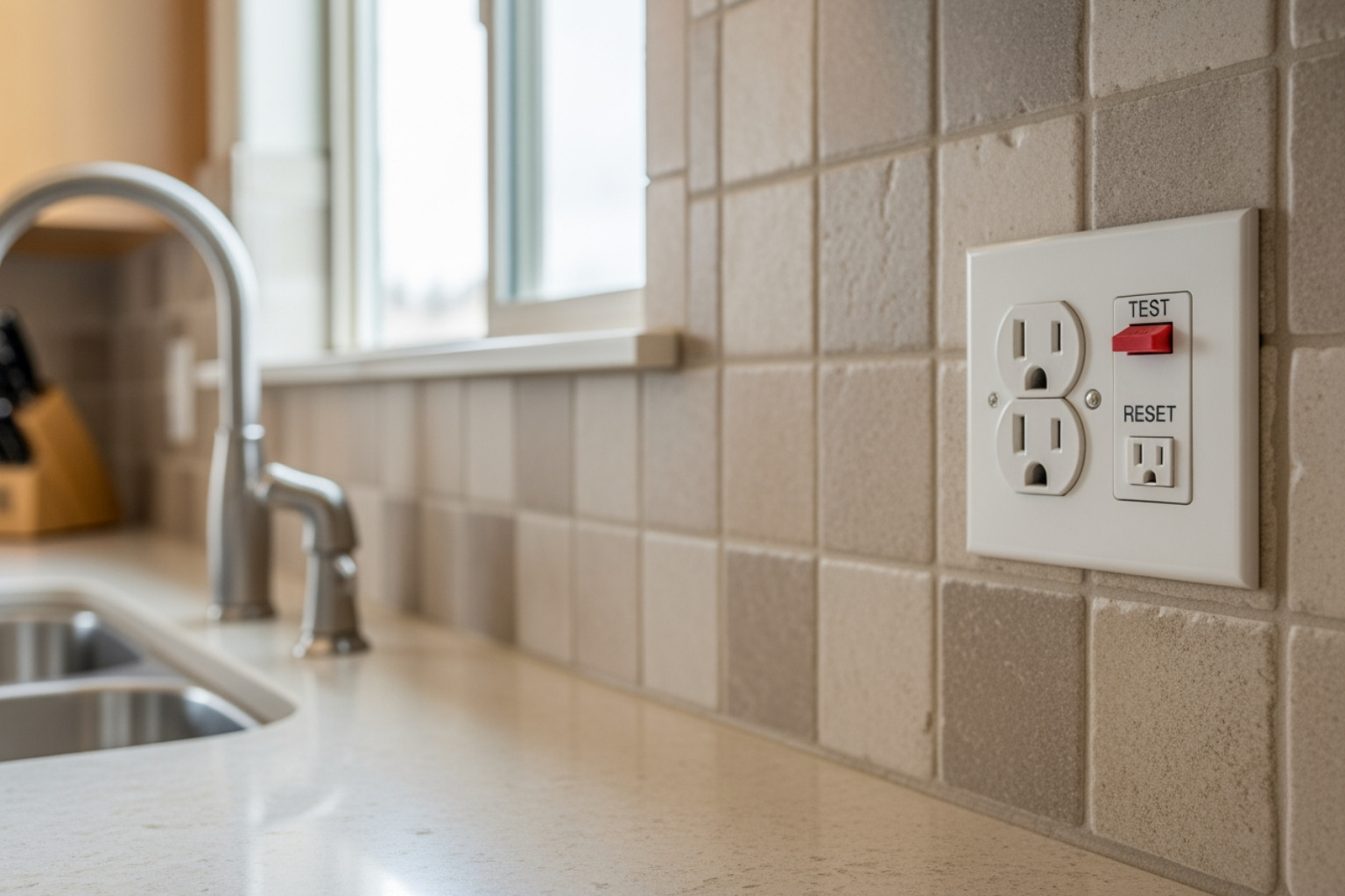 A close-up of a GFCI outlet with "TEST" and "RESET" buttons, possibly in a kitchen or bathroom setting. A close-up of a GFCI outlet with "TEST" and "RESET" buttons, possibly in a kitchen or bathroom setting.