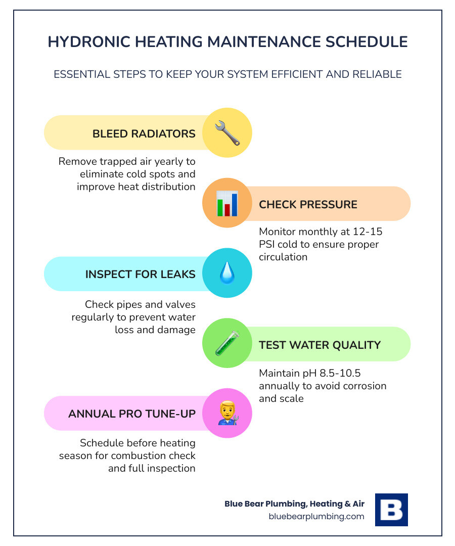 Infographic showing hydronic heating maintenance schedule monthly annual and seasonal tasks infographic Infographic showing hydronic heating maintenance schedule monthly annual and seasonal tasks infographic